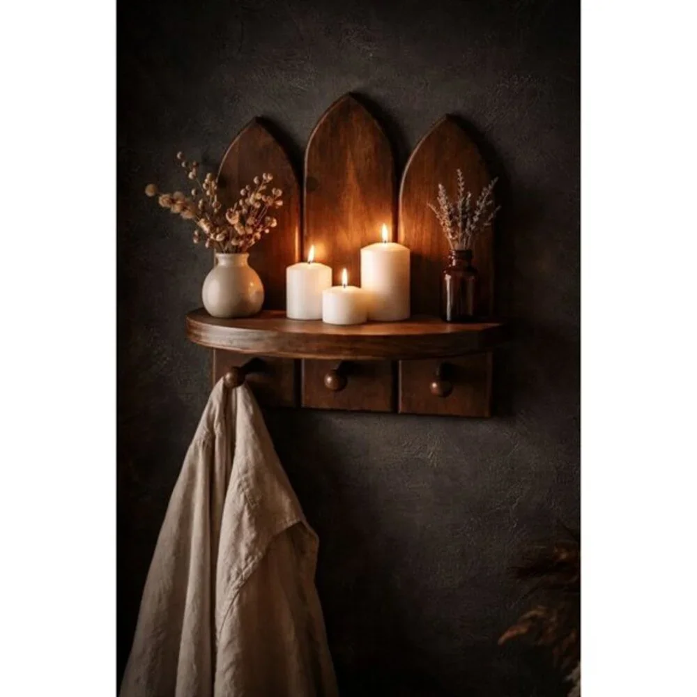Handmade Gothic Cathedral Arch Wood Wall Shelf 3 Hooks Dark Walnut Witchy Altar